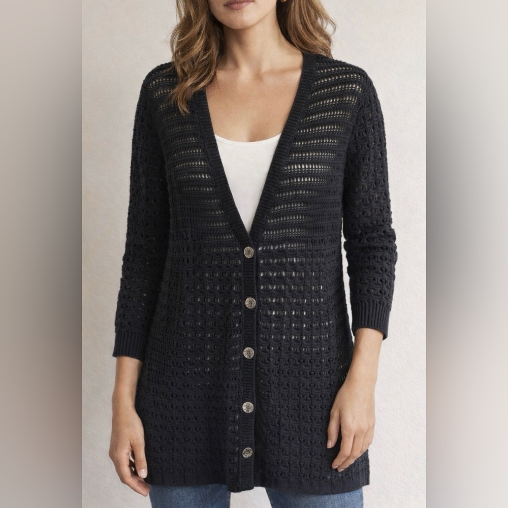 DKNY Black Crochet Open Knit Cardigan Sweater Longline 3/4 Sleeve Small